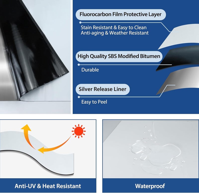 BXI Fluorocarbon Film Asphalt Waterproof Tape, 12 Inches X 32 Feet, Weatherproof Sealing Membrane, Self-Adhesive SBS Modified Bitumen Flashing Sealant Patch, Seam Leak for Roof Window Driveway Repair - Image 3